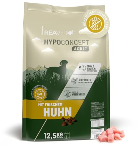 REAVET HYPOCONCEPT Hundetrockenfutter Huhn – Single-Protein mit Frischfleisch 12,5kg I Weizenfrei & ohne Zucker Trockenfutter für alle Hunde & Rassen, auch für Sensible Hunde & Allergikerfreundlich