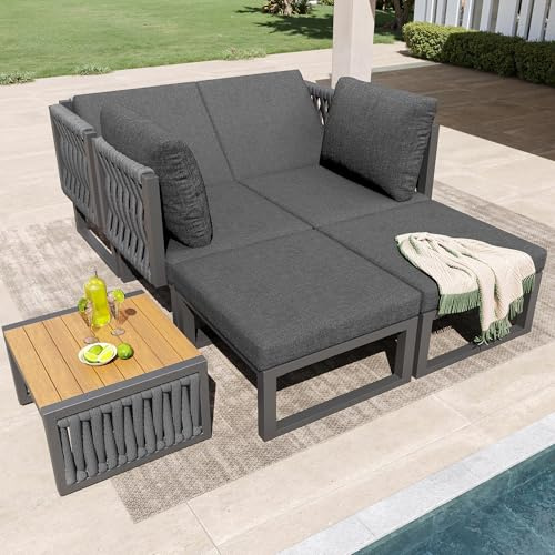 Cenbunsh Gartenmöbel Set mit Hochwertigen Sitzkissen und Rückenkissen, Garten Loungesessel für 6 Personen,Doppelliege für den Außenbereich, Verstellbarer Rückenlehnenwinkel, Grau