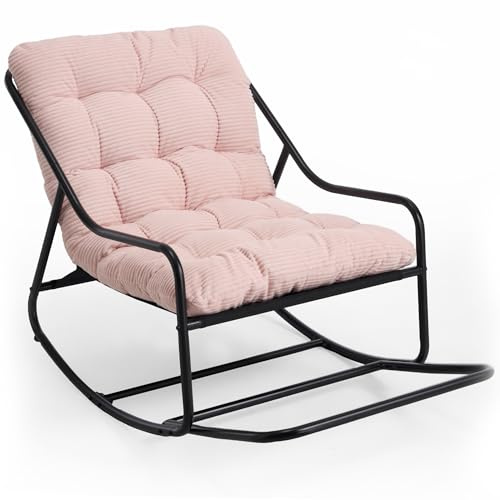 SEEDWAVE Schaukelstuhl mit Fußrest, robustem Stahlrahmen, weichem Cushion & rutschfesten Schutzpads – stilvoller Loungesessel & Liegestuhl für Garten, Balkon & Outdoor (Rosa, Cord)