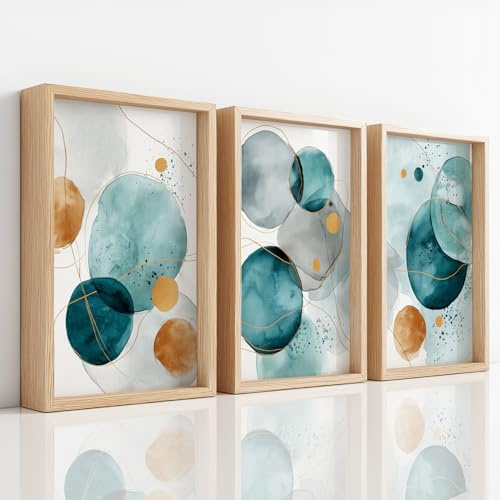 3er Set Wandbild Leinwand, Abstract Watercolour HD-Druck Poster auf Leinwand Wandkunst, Luxus Exquisit Gold Dunkles Petrol Rund Punktmuster Wanddeko für Wohnzimmer Schlafzimmer und Büro, 50 x 70 cm