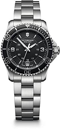 Victorinox Damen Armbanduhr Maverick Small Ø 34 mm, Swiss Made, Analog Quarz, Wasserdicht bis 100 m, Edelstahl-Armband, Silber/Schwarz