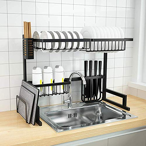 EEUK Geschirrabtropfgestell, Abtropfgestell Geschirr Edelstahl Geschirrabtropfständer Schwarz - 65 * 32 * 52cm mit Abtropfgitter und Auffangwanne für Teller und Besteck