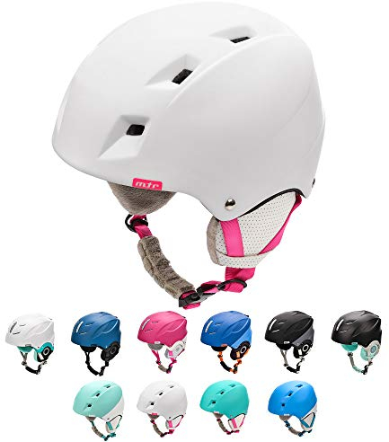 Casque de Ski Snowboard Sport Helmet Homme Femme avec Ceinture Ajustées d'hiver Fentes d'Aération Mentonnière Rembourrée Clip à Masque de Ski (XS 48-52 cm, Blanc/Rose)