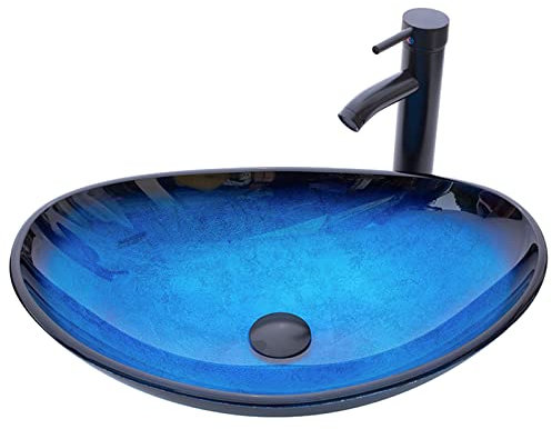 YIMAI Ingenuity - Lavabo de baño de cristal templado con grifo combinado, color azul océano
