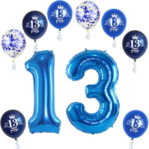 XL Folienballon 13 Geburtstag, Folienballon Zahl 13, Zahl 13 Blau, Luftballons 13, Nummer 13 Luftballon Blau, 32 Geburtstagsdeko Ballon 13