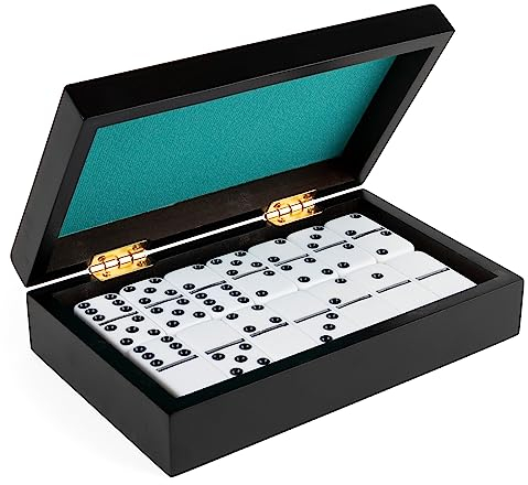 Legacy Deluxe Double-6 Dominosteine, klassisches Original-Brettspiel-Set mit 28 Dominosteinen im linierten Holzkoffer, für Kinder und Erwachsene ab 8 Jahren