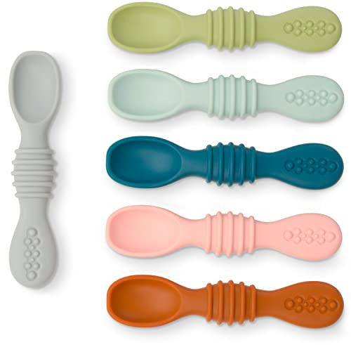 Simka Rose Silicone Baby Spoons Self Feeding (6 Pack)- First Stage Infant Spoons for Babies & Toddlers- Baby Led Weaning Shallow Spoons- Easy on Gums- 6 Months+ -Dishwasher Microwave Safe