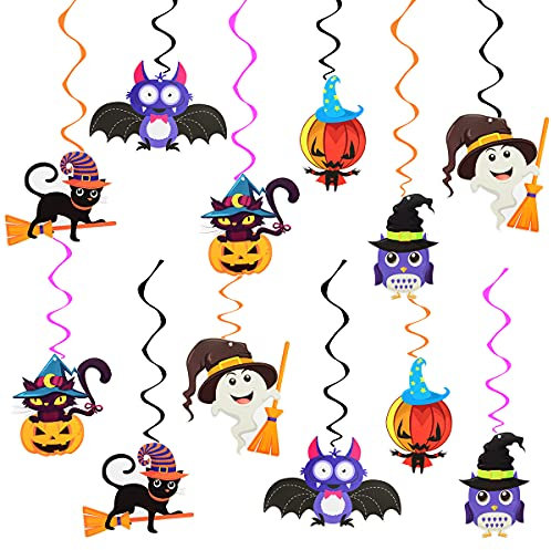 12 Pcs Halloween Hanging Swirl Decorations, Bat Black Cat Witch Ghost Hat Pumpkin Skull Owl Hanging Spiral Garlands Ceiling Decor for Halloween Theme Party Indoor Decorations