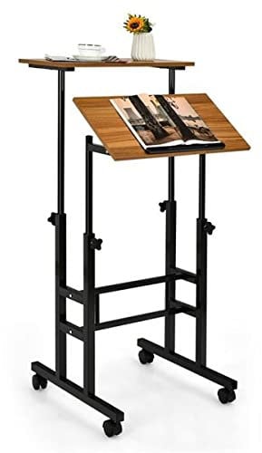 GIANTEX Sitz-Steh Schreibtisch höhenverstellbar, Computertisch Zeichentisch mit Rollen, Mobiler Stehschreibtisch mit 2 separaten Workstation, PC Tisch Arbeitstisch (braun)
