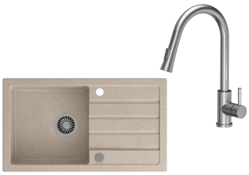 VBChome Spülbecken 77 x 44 cm Beige Spüle Einzelbecken Küche Einbauspüle Verbundspüle Küchenspüle gesprenkelt flächenbündig Siphon Waschbecken Armaturen mit schwenkbarem und ausziehbarem Auslauf