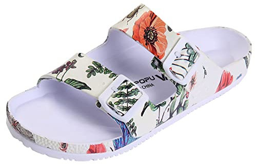 VICT POPU Pantoletten Damen mit Fussbett Sandalen Flach Rutschfest Sommer Badelatschen Lässig EVA Slides Erwachsene Schlappen Libelle Beige 38