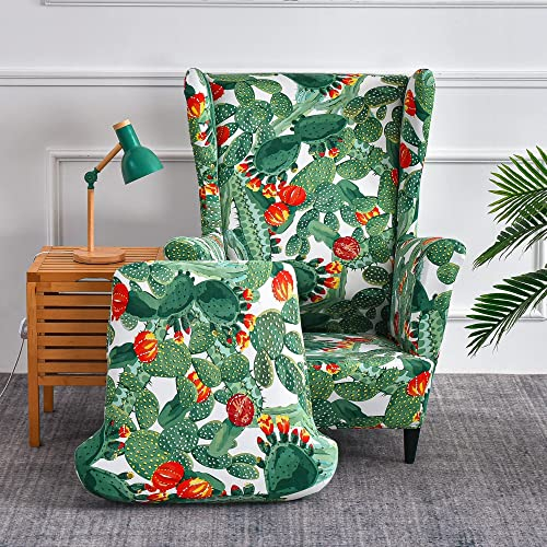 Highdi Ohrensessel Überzug 2-Teilig, Mode Sessel-Überwürfe Ohrensessel Schonbezüge Bezug Retro Blumen Sesselhusse Strandmon Tiger Stuhlbezug mit Armlehne Hohe Rückenlehne (grüner Kaktus)