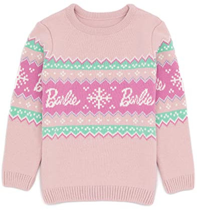 Barbie Girls Christmas Jumper | Kids Children Dolls Logo Snowflakes Festive Pink Fairisle Knitted Sweater | Gifts For Her 9-10 Years