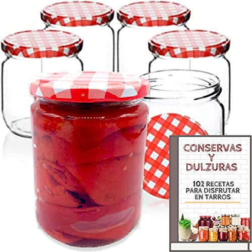 6 Tarros de Cristal Herméticos de 450 ml con Tapas + Ebook +100 Recetas para Conservas - Frascos Herméticos con Tapa de Rosca para Alimentos - Tarros medianos Estancos. Incluye Etiquetas