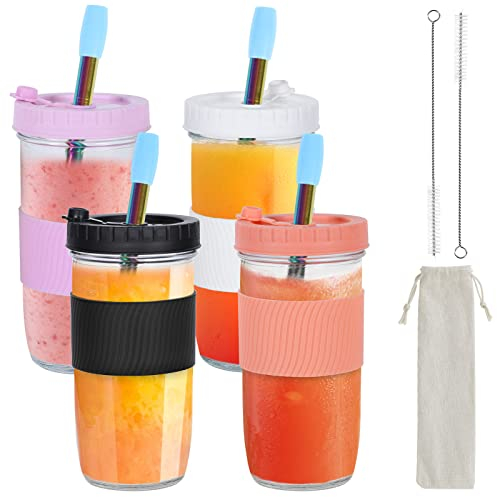 Bubble Tea Becher 4 Stück,730ML Bubble Tea Set mit Deckel und Strohhalm,Wiederverwendbare Auslaufsicher Mason Jars,Longdrinkgläser,Trinkgläser,Weithals-Einmachglas