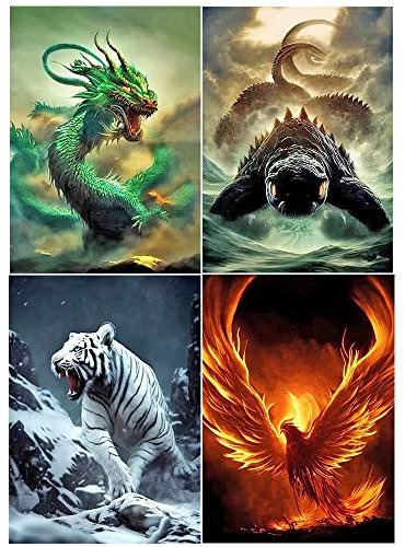 Diamond Painting Lot de 4 40x50 cm Tableau Diamant Chinoise Tortois/Tortue Vermilion Bird/Phénix Tigre blanc Dragon Azure/Dragon Kit de Bricolage pour Adultes Diamond Painting Dragon Chinois