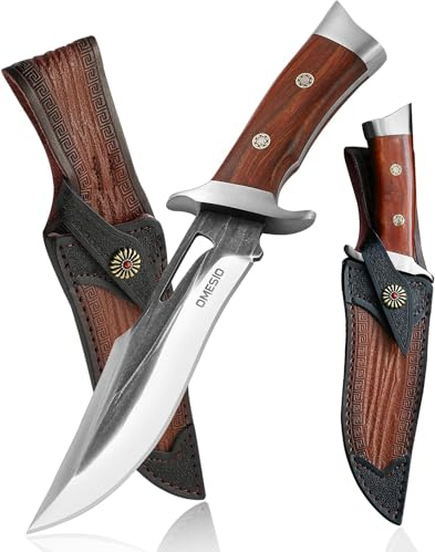 Omesio Outdoor Couteau de survie se compose de l'acier inoxydable AST, 28,5cm couteau de chasse lame fixe manche en bois et avec étui en cuir,avec boîte cadeau