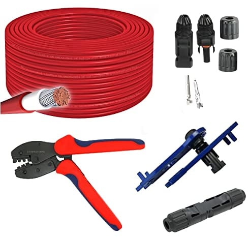 100m ARLI Solarkabel H1Z2Z2-K 4mm² Rot + Crimpzange + 10 Paar Solarstecker/Buchse IP68 1500V für 2,5/4/6mm² + Schraubenschlüssel Werkzeug Set