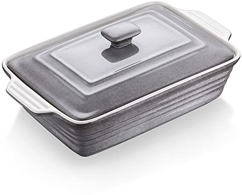 LOVECASA Antihaft-Kasserolle mit Deckel, 4,5 l, 22,9 x 33 cm, Lasagnepfanne, tief, Keramik-Backform für Abendessen, Bankett und Party, Grau