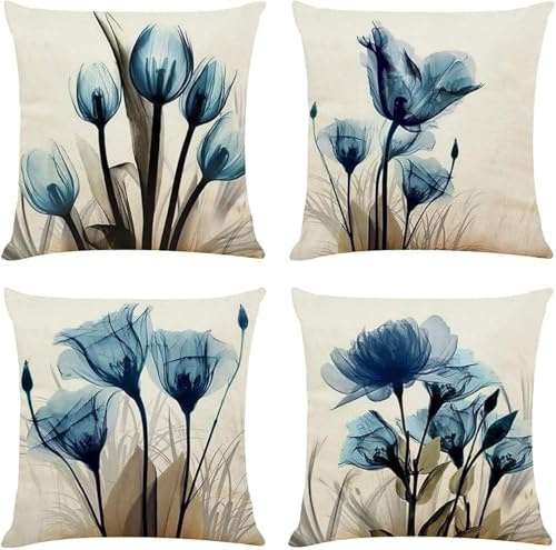 TIDWIACE 4er Set Kissenbezug 40 x 40 cm DekoBlaue Blumen, Kissenhülle Dekokissen Leinen Natur Landhausstil Dekorative Sofakissen Leinen Kissenbezüge Luxus Decor für Sofa Wohnzimmer Zierkissen