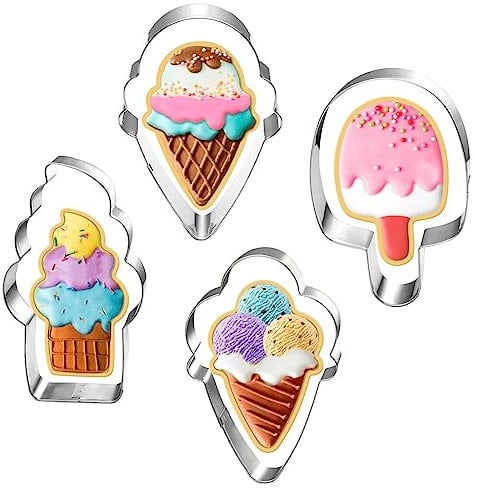 LUBTOSMN Ice Cream Cookie Cutter Set-4 Inches-4 Piece-Popsicle, Hard and Soft Ice Cream Cone, Summer Fondant Biscui Cutters