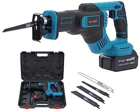 KATSU FIT-BAT 21V Cordless Reciprocating Saw with 3.0Ah Battery and Charger, 4 Saw Blades, 28mm Stroke Length, Variable Speed, Tool-Free Blade Change Ideal for Metal and Wood Cutting Pruning