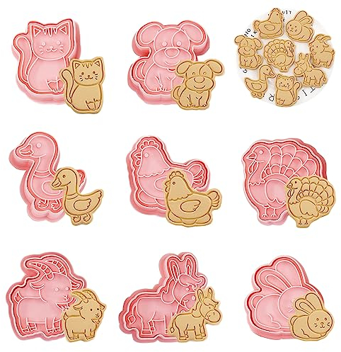 WishesMar Cortador de Galletas Kit 8 Piezas 3D Forma de Animales de Granja Moldes para Hornear Reposteria Bricolaje Pastelería Decoración Festiva