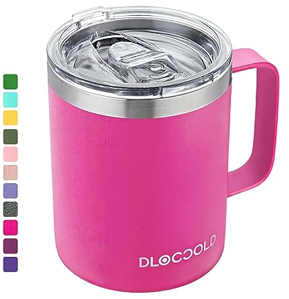 DLOCCOLD Taza de café aislada con asa, taza de café de viaje de acero inoxidable de 12 onzas con tapa, a prueba de derrames, reutilizable, termo para hombres y mujeres (rosa fuerte, 1 unidad)