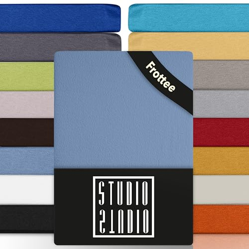 STUDIO Basic Frottee Spannbettlaken 200x200cm – weiches Frottee-Spannbetttuch aus 80 % Baumwolle & 20 % Polyester – Mittelblau – Öko-Tex Zertifiziert, bügelfrei & elastisch – für Matratzen 15–25cm