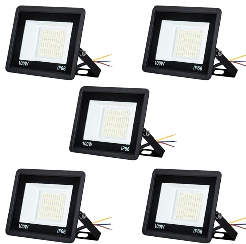 AufuN Lot de 5 spots LED 100 W - Blanc chaud - Super lumineux - Étanche IP65 - En aluminium - Pour jardin, garage, cour ou hôtel