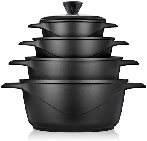 briebe Topfset Induktion 8-Teilig, Kochtopf Set 4 Töpfen aus Aluminiumguss, Antihaftbeschichtung ILAG GRANITEC ohne PFOA, Deckeln aus Glass, Topfhandschuhe Silikon, Glaskeramik, Gas, Ofen, MGK-12S