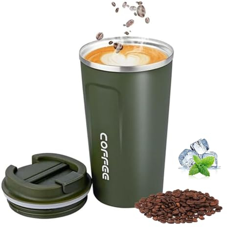 KISUOMAOYI Travel Mugs, Insulated Coffee Cup with Leakproof Lid - Reusable Coffee Cups Travel - Car Coffee Cup - Stainless Steel Thermal Mug for Hot and Cold Coffee Water and Tea (Green+510ML)