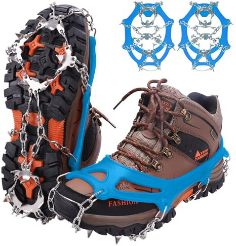 WIN.MAX Steigeisen Grödel Eisspikes, Schuhkrallen mit19 Edelstahl Zähne Spikes Schuhkrallen Grödeln Eisspikes für Klettern Bergsteigen Trekking High Altitude Winter Outdoor (Blau, XL)