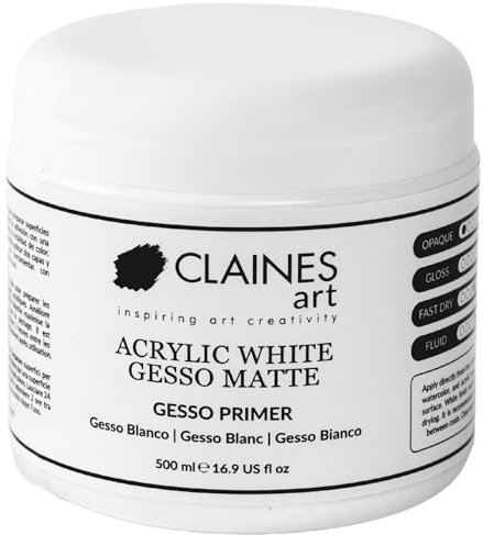 Claines Art Gesso-Grundierung, matt, 500 ml, für Ölmalerei, Acrylmalerei und Farbe auf Wasserbasis, Weiß