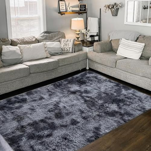 Tinyboy-hbq Teppiche Flausching Wohnzimmer Teppiche Shaggy Teppich Schlafzimmer Teppich Waschbarer Weiche Bequeme für Wohnkultur (Grau Schwarz, 120 x 160 cm)