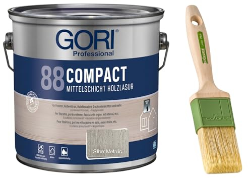 GORI 88 Premium Holzschutz Lasur 2,50 Liter, für außen + Profi Pinsel Lasur Plus 50 mm (Silber Metallic)