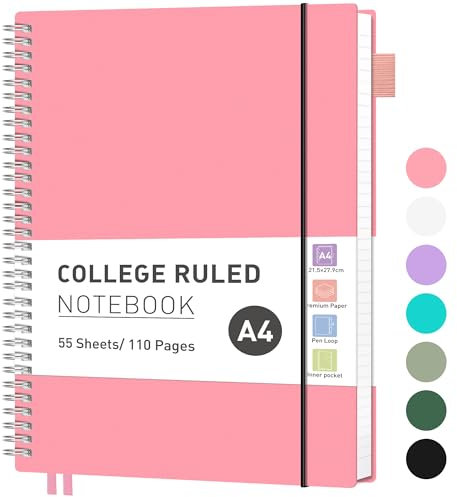 RETTACY A4 Notebook, Lined Wirebound Spiral Notebook College Ruled Paper 110 Pages for Writing, Journals for Women 100gsm, PVC Pocket, Pen Loop, Ruler, Bookmark, 21.5 x 27.9cm - Pink