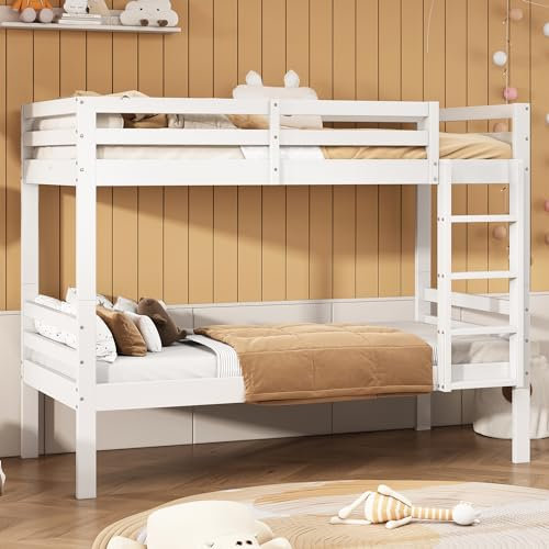 Azkoeesy Litera de 90 x 200 cm para 2 niños y Adolescentes, con somier, protección anticaídas y Estructura Convertible, Somier, Madera de Pino, Color Blanco.