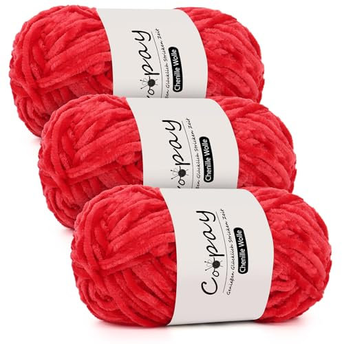 Coopay Chenille Wolle zum Häkeln, 3x100g Samtig Chenillegarn, Dicke Flauschige Weich Chenille Garn, Chenille Wolle, Weicher Plüschwolle Häkelgarn für Decken, Schals - Rot