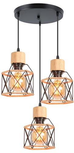 iDEGU 3 Luci Lampadario a Sospensione Vintage E27 Plafoniera Industriale in Legno Metallo Gabbia Corda di Canapa Lampada da Soffitto Retrò Lampade a Sospensione per Cucina Salotto Cameretta (Rotonda)