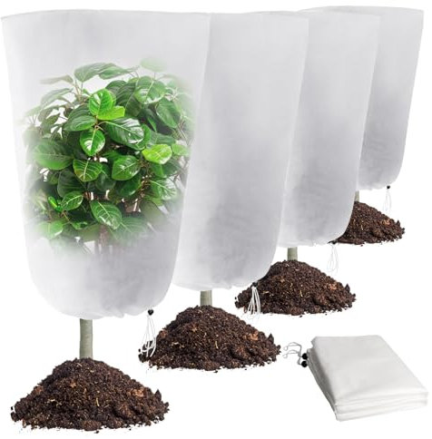 4Pcs Forro Polar de Invierno de Plantas de Tela No Tejida, 60x80cm Manta Anticongelante de Plantas Transpirable, Funda Protectora Contra Heladas, Chaqueta de Plantas con Cordón Contra Pájaros Insectos