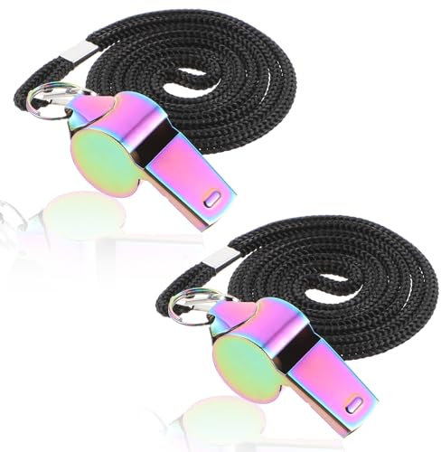 JJUNW 2 stycken färgglada visselpipa, rostfritt stål visselpipa med nackrem sportrör laserpipa domare visselpipa för skolsport fotboll hundträning sportlektioner