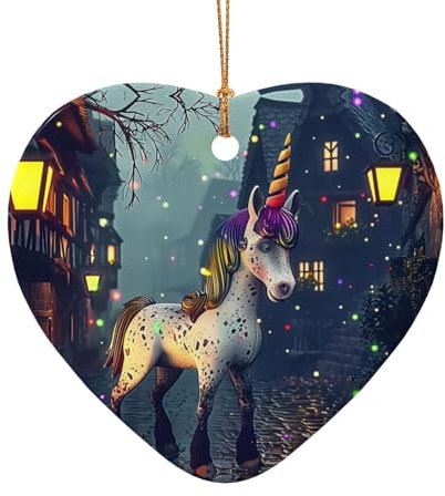 Einhorn-Weihnachtsanhänger, doppelseitig, Keramik, Weihnachtsanhänger zum Basteln, Weihnachtsanhänger, dekoratives Ornament mit goldfarbener Kordel