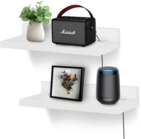 NIUBEST Small Floating Shelf for Wall,9 Inch Wall Mounted Shelf with Cord Hole,Small Display Shelves for Cameras, Webcam, Router,Smart Speaker,Action Figures-2 Pcs(White)