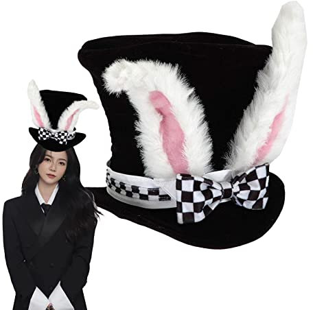 JMOCD Easter White Rabbit Topper Plush Hat Weißer Hasenohr-Zylinder,Hasenohren Hut,Plüsch Hasenohren Osterhüte für Ostern Party Kostüm Cosplay