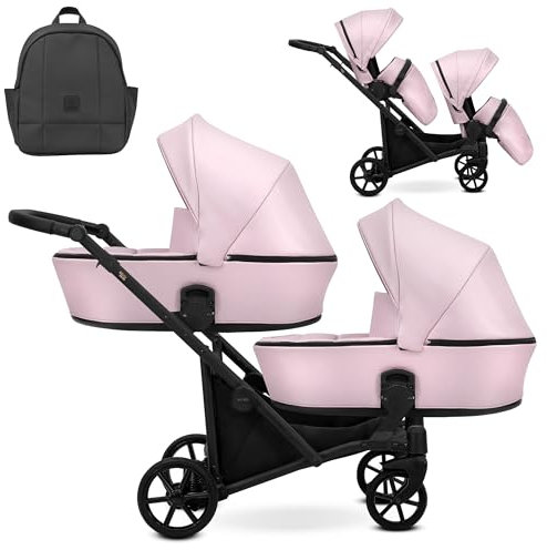 Kunert BRAV DUO Zwillingskinderwagen 2 in 1 + Zubehör: Komfort, Sicherheit, Praktikabilität, elegantes und funktionales Design, vielseitiges System, Aluminiumrahmen, leicht, Kunstleder Baby pink