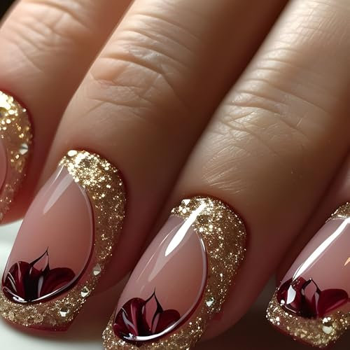 24pcs Medium Length Press on Nails Square False Nails Glitter Gold Fake Nails Flower Stick on Nails Removable Glue-on Acrylic Nail Tips Spring Summer Accessories for Women