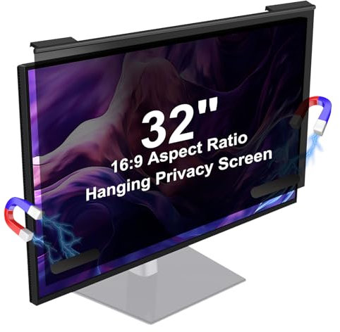 Hoktods Magnetic Hanging Computer Privacy Screen 32 Inch, Removable Privacy Shield for 16:9 Widescreen Frameless Monitor, Anti Spy Anti Scratch Anti Glare Blue Light Screen Protector