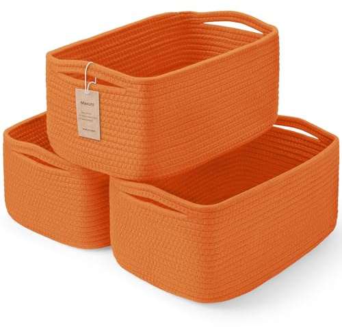 Maxuni 3-Pack Small Storage Baskets for Organizing | Woven Shelf Toy Basket | Rope Baskets for Gifts Empty | Closet Organizer Bins with Handles | Cube Decorative Box | 11.8×7.8×5.1” | Orange