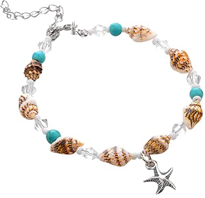 Kreuz Armband Boho Türkis Sommer Strand Anhänger Fußkettchen Vintage Muschel Perlen Fußkettchen (3-Black, One Size)